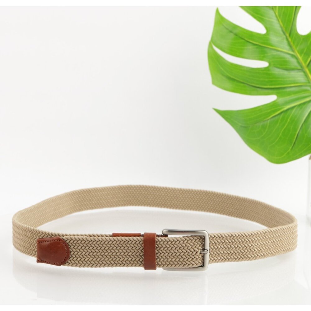 Tommy Bahama Mens Belt Size L / XL Large Khaki Elastic Webbed‎ Brown Leather Tip